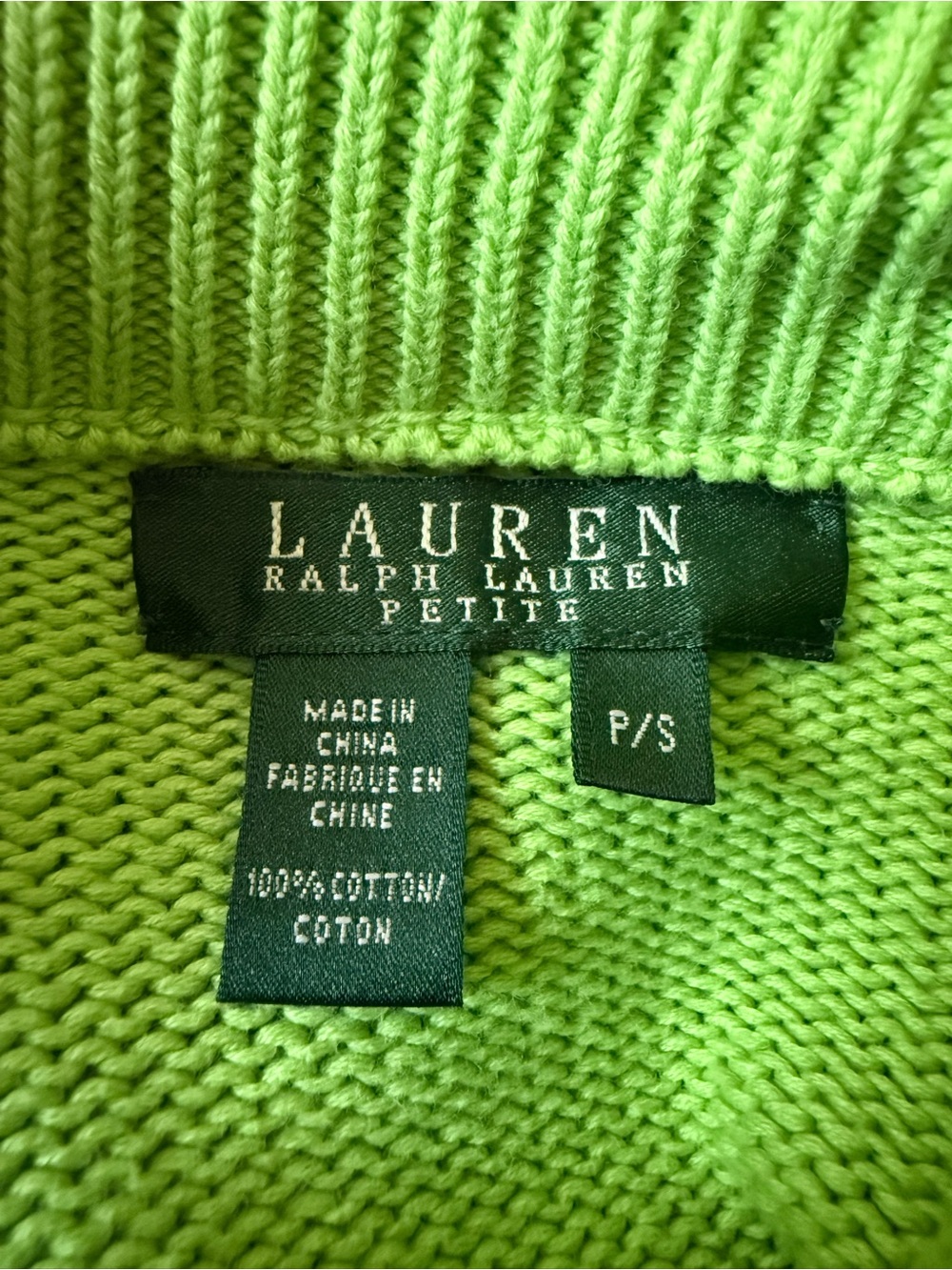 LAUREN RALPH LAUREN Petite Lime Green Cotton Cardigan Sweater Jacket P/S - Picture 4 of 7